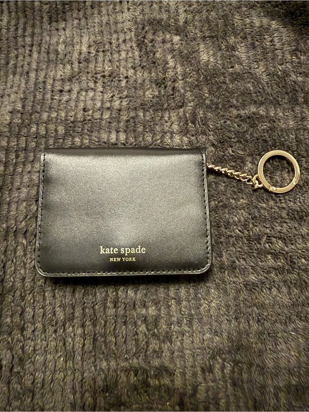 kate spade Black Leather Card Holder Keychain with Gold Hardware